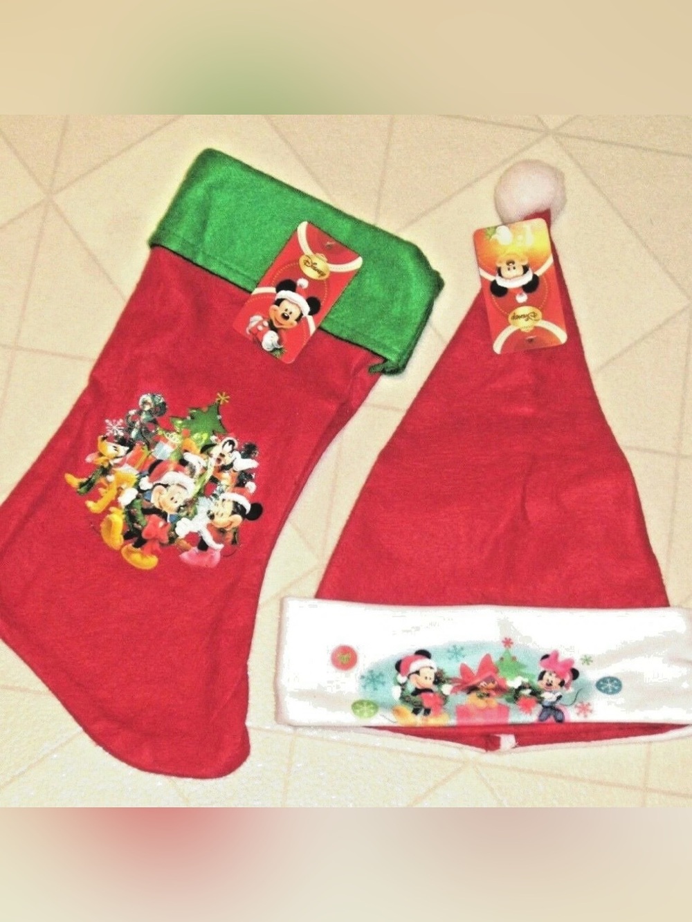 Disney Christmas Stocking & Santa Hat Child Size Mickey Minnie Mouse